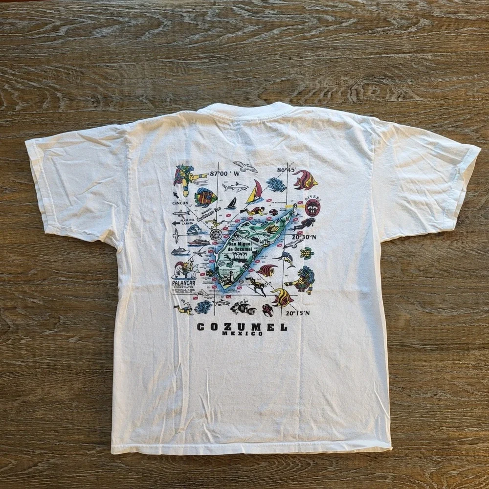 Yazbek Cozumel Mexico Scuba Diving Map T-Shirt Mens Large White Graphic Tee